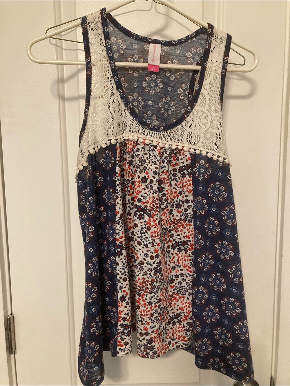 No Boundaries Navy and Cream Floral Crochet-Trim Tank Top